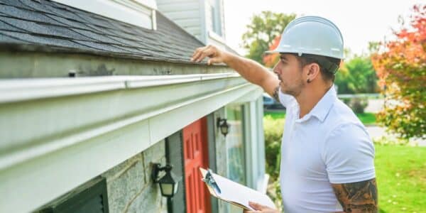 A man in a hard hat and white shirt inspects the gutter of a house, ensuring proper maintenance and safety