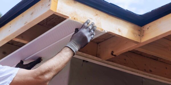 A man installs roofing material, focusing on fixing the soffit and fascia on a house.