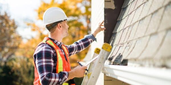 A,Man,With,Hard,Hat,Standing,On,Steps,Inspecting,House